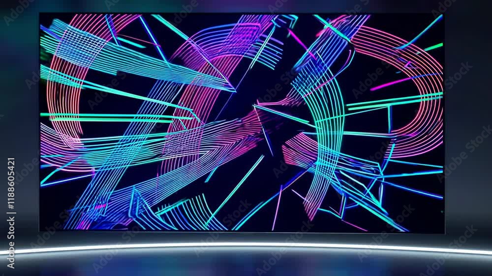 Poster dynamic digital display featuring vibrant neon lines and shapes, creating an abstract and futuristic