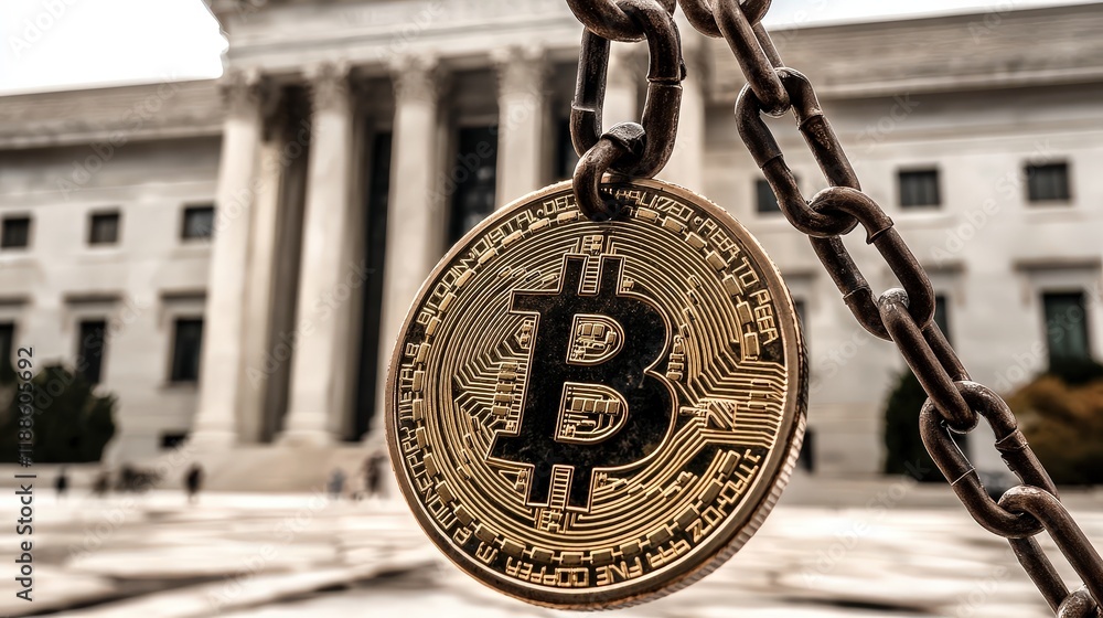 Aufkleber bitcoin coin hanging from chain in front of historic building