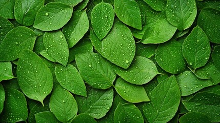 Fototapeta premium A vibrant arrangement of green leaves with droplets of water, showcasing nature's beauty and freshness.