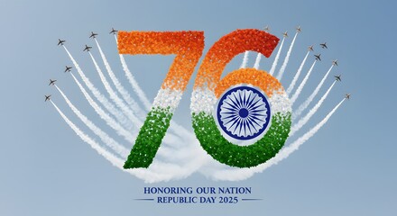 Aerobatic airplane performance highlighting seventy six, 76th in floral tricolor for Indian Republic Day celebration with vibrant clear sky and festive patriotic theme