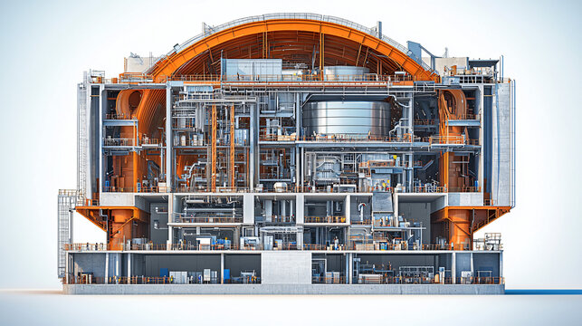 Containment structure: A cross-sectional illustration of the containment dome, revealing the reactor core, pressure vessel, and surrounding safety systems.