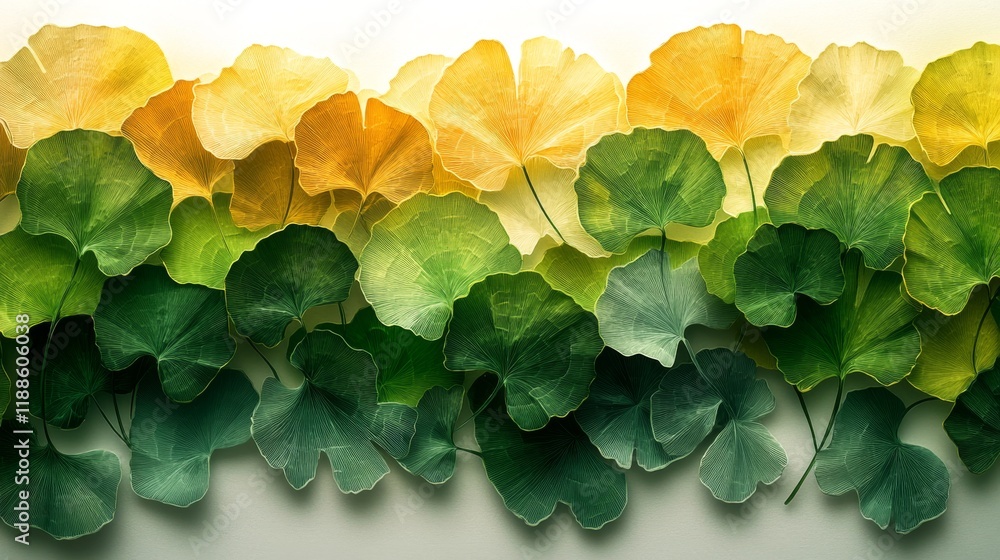 Poster ginkgo biloba leaves in harmonious gradient from golden yellow to lush green creating an artistic pa