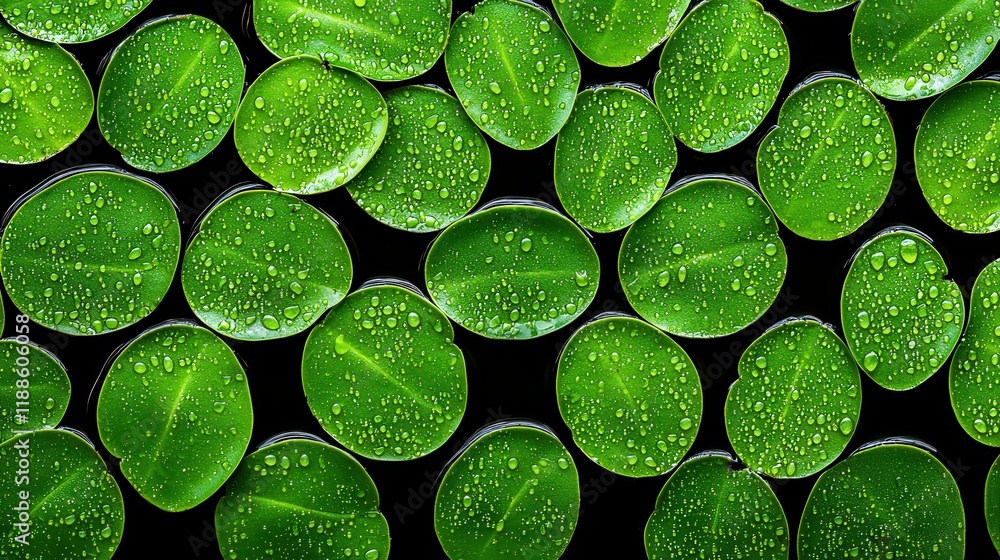 Poster a close-up view of vibrant green leaves with droplets of water, creating a fresh and natural aesthet