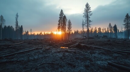 Fototapeta premium Burnt forest landscape. Dead trees lie scattered across scorched earth. Sunset paints remaining trees with warm hues. Bleak scene of devastation. Nature after fire. Survival story in ruined landscape.