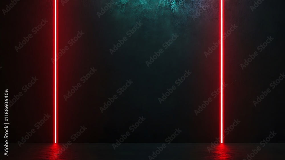 Poster neon red lines on dark studio background