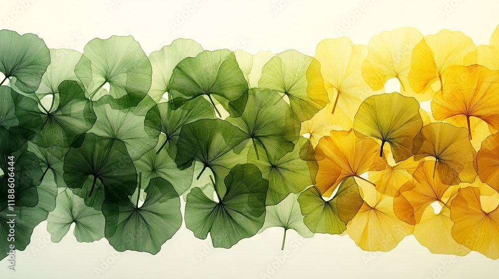 Aufkleber abstract ginkgo leaf pattern in gradient green and yellow tones with intricate line details on white