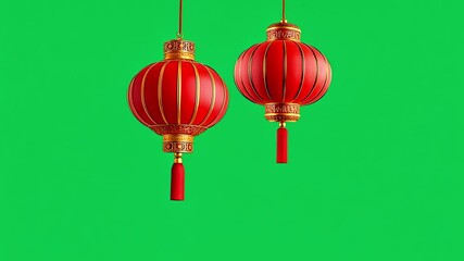 Chinese lantern on green screen background. Decorative Chinese lanterns swaying in screen chroma key. vibrant red accents, and space for text