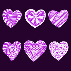 Hand drawn hearts with intricate purple doodle patterns on a dark background. For Valentine's Day, greeting cards, invitations, fabric designs, or creative digital projects Doodle hearts