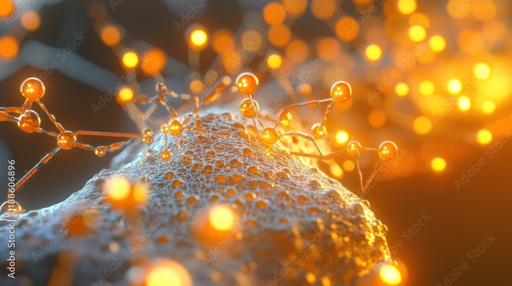 Poster microscopic golden molecular structure: a 3d render of a complex cellular network