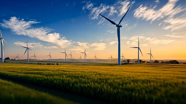 Offshore windmill park with stormy clouds and a blue sky, windmill park in the ocean.