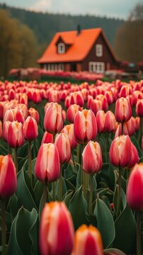 Fototapeta Tulip fields near rustic farmhouse for floral farming, spring celebrations, Valentine's Day, International Women's Day, and flower trade
