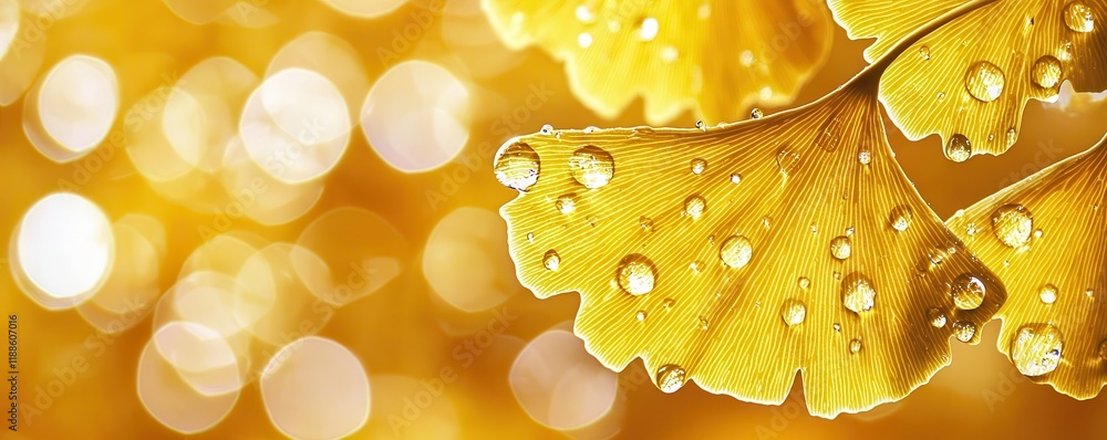 Poster golden ginkgo leaves glisten with water droplets, set against a soft, blurred background of light, c