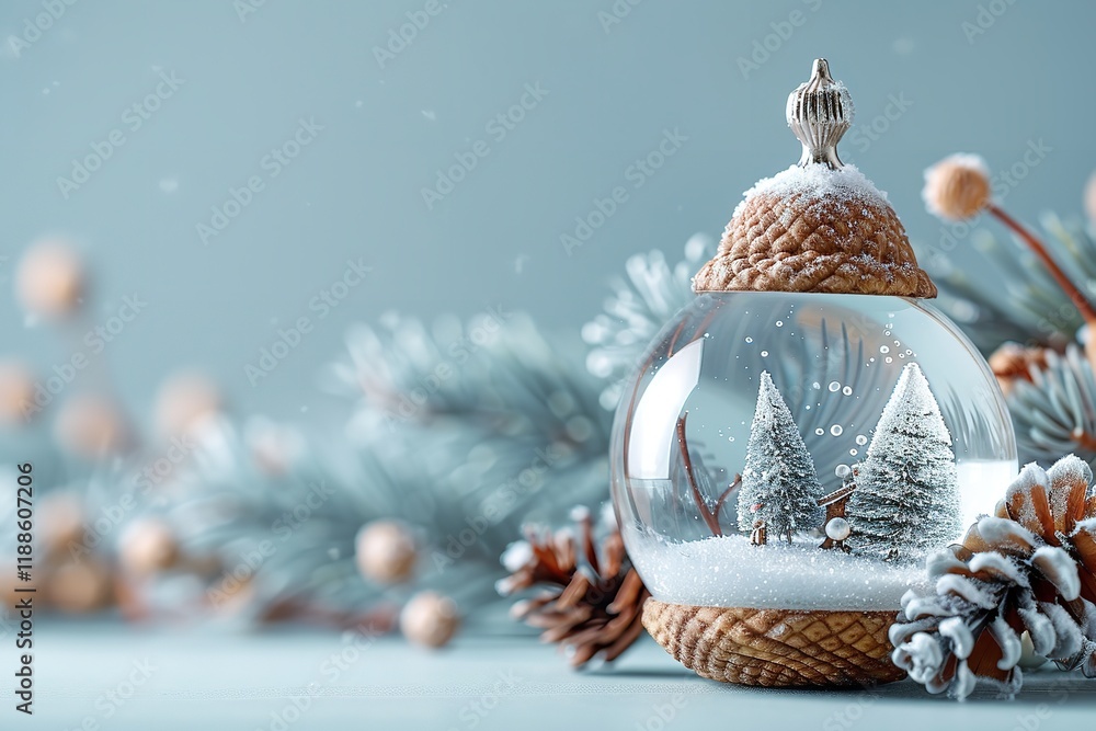 Poster an up-close view of a snow globe within the acorn which is showing a small winter fantasy photo agai