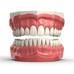 Fototapeta premium Dental model, full set of teeth, realistic gums, 3D render, anatomical detail, dental education, oral hygiene, white teeth, pink gums, close-up view, medical illustration, dental prosthetics, high res