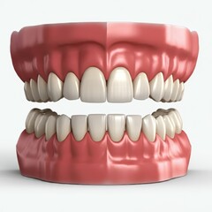 Obraz premium Hyperrealistic dentures, detailed gums and teeth, anatomical model, dental prosthetics, pink gums, white teeth, medical illustration, 3D render, studio lighting, high contrast, sharp focus, glossy tex