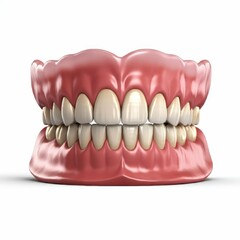 Obraz premium Hyperrealistic dentures, detailed gums and teeth, anatomical model, dental prosthetics, pink gums, white teeth, medical illustration, 3D render, studio lighting, high contrast, sharp focus, glossy tex