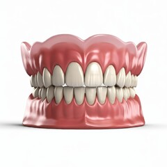 Obraz premium Hyperrealistic dentures, detailed gums and teeth, anatomical model, dental prosthetics, pink gums, white teeth, medical illustration, 3D render, studio lighting, high contrast, sharp focus, glossy tex