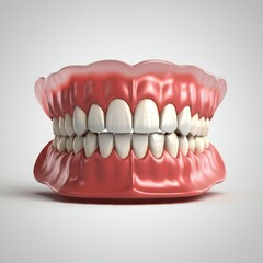 Obraz premium Hyperrealistic dentures, detailed gums and teeth, anatomical model, dental prosthetics, pink gums, white teeth, medical illustration, 3D render, studio lighting, high contrast, sharp focus, glossy tex