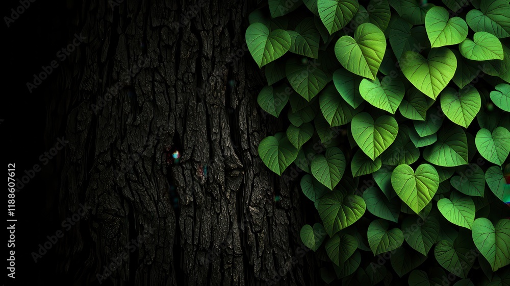 Poster A close-up view of lush green leaves growing against a dark tree trunk, creating a striking contrast between nature and texture.