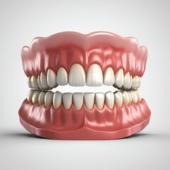 Fototapeta premium Hyperrealistic dentures, detailed gums and teeth, anatomical model, dental prosthetics, pink gums, white teeth, medical illustration, 3D render, studio lighting, high contrast, sharp focus, glossy tex