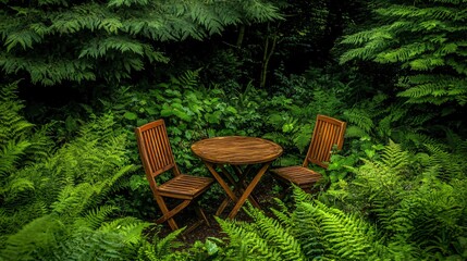 Obraz premium Serene Wooden Table and Chairs in Lush Fern Garden