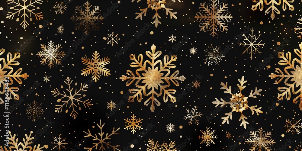 Poster golden snowflakes are shown in close-up on a dark background that is studio-clean, with enough of ro