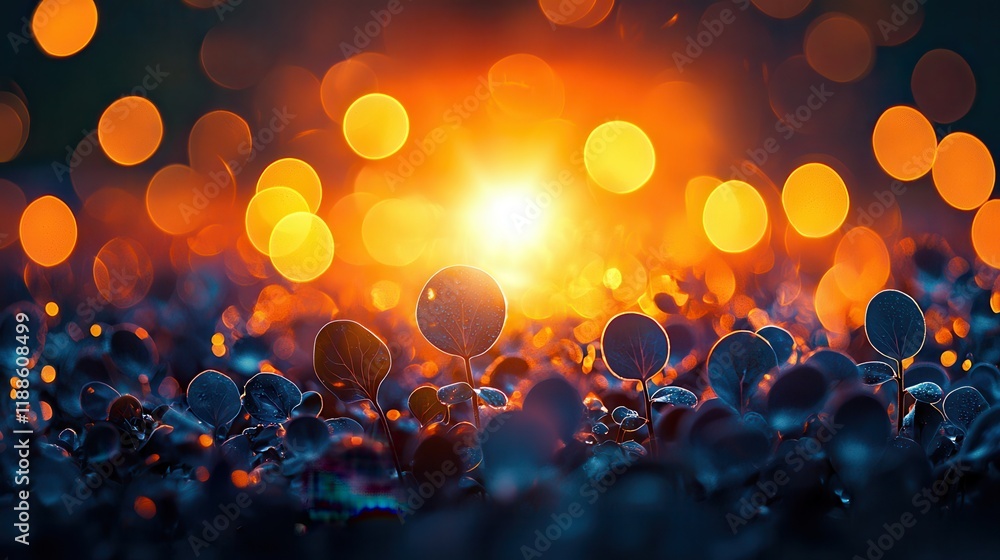 Poster a vibrant sunset illuminates a field of flowers, creating a magical atmosphere with glowing bokeh li