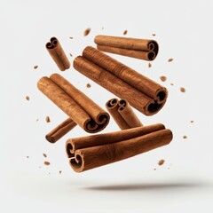 cinnamon sticks, floating, suspended in air, white background, brown spices, aromatic, culinary ingredients, macro photography, high detail, sharp focus, soft lighting, cinnamon powder sprinkles, rust