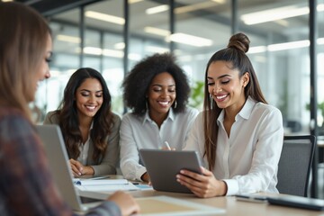 Team of professional women in a bright office, sharing ideas and using a tablet at a desk. Collaborative and productive workplace concept