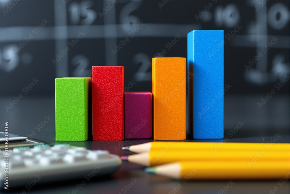 Poster multicolored bar graph blocks arranged on a desk, surrounded by pencils and a calculator, with a blu