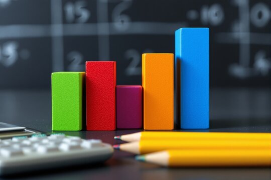 Multicolored bar graph blocks arranged on a desk, surrounded by pencils and a calculator, with a blurred mathematical chalkboard in the background - Powered by Adobe