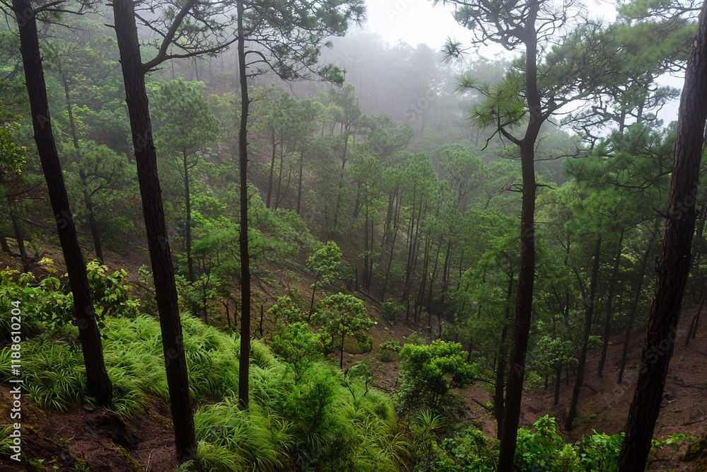 Poster foggy forest filled with towering trees in gloom