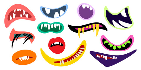 Funny cartoon monster mouth. Creature lips with teeth and fangs. Mouth masks for Halloween. Vector illustration isolated on white background.