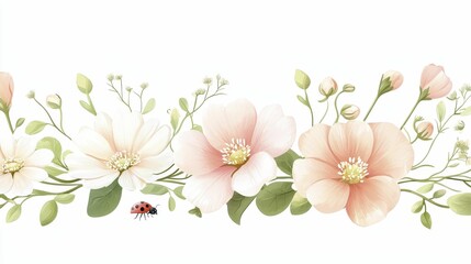 Fototapeta premium The flowers bloom in spring Delicate pink flowers with a ladybug illustration.