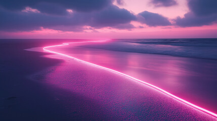 Fototapeta premium Pink neon lights on the beach, a dark sky, dark sand, and ocean waves.