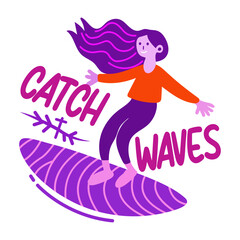 Surfing girl with catch waves text, flat sticker