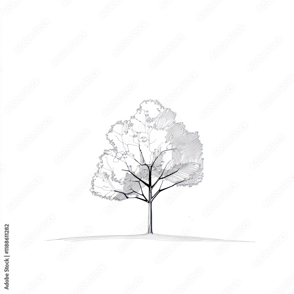 Poster linear drawing of a single deciduous tree
