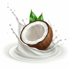 Realistic coconut half, splashing coconut milk, vibrant green coconut leaves, white liquid splash, brown textured coconut shell, tropical fruit, clean white background, photorealistic, high detail, st