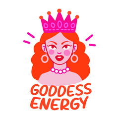 Crowned girl with goddess energy text, flat sticker