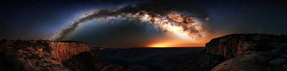 Naklejka premium Milky Way arching over a dramatic canyon at night with a glowing horizon