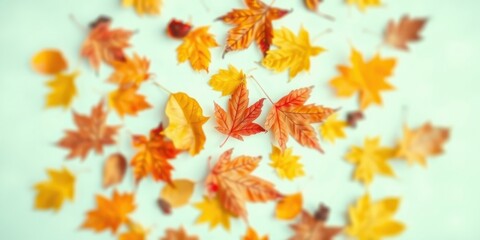 Autumnal foliage arranged on a light-colored surface, showcasing vibrant orange and yellow hues of fall leaves.