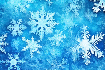 Frosty winter background of snowflakes on glass, christmas new year texture natural blue.