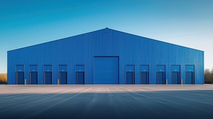 Fototapeta premium Large blue industrial building stands on paved area under bright clear sky. Multiple garage doors visible. Modern structure with simple design. Commercial property. Exterior shot on sunny day. Empty
