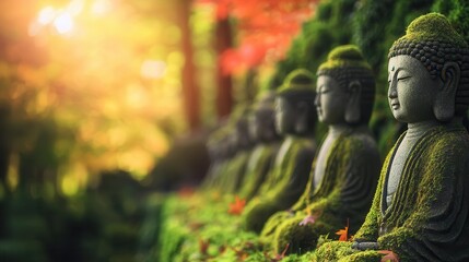 Serene Buddha statues covered in moss, surrounded by vibrant greenery and warm sunlight, creating a peaceful and tranquil atmosphere.