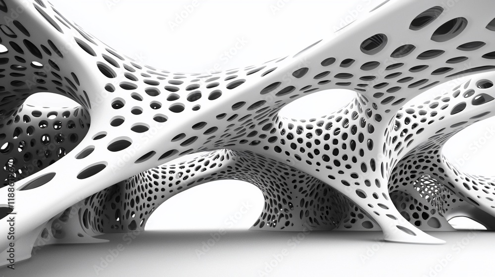Poster abstract white organic architecture with perforated surfaces and flowing forms.