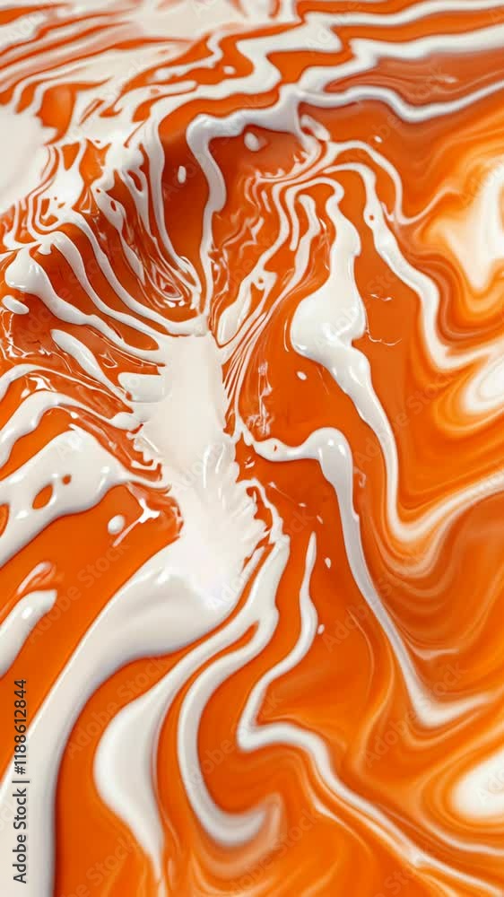 Poster swirls of vibrant orange and white paint create a mesmerizing pattern on the surface in artistic dis