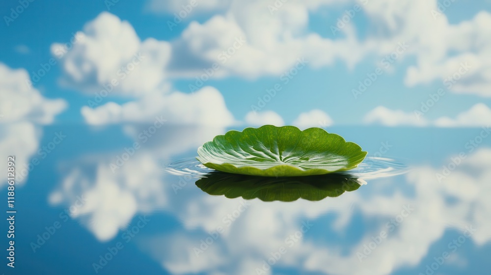 Aufkleber a serene lily pad floats on calm water, reflecting a blue sky and fluffy white clouds, creating a pe