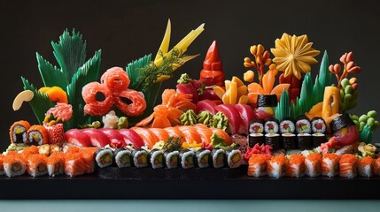 Fototapeta premium A beautifully arranged sushi display with colorful rolls, sashimi, and artistic garnishes, perfect for menu photography