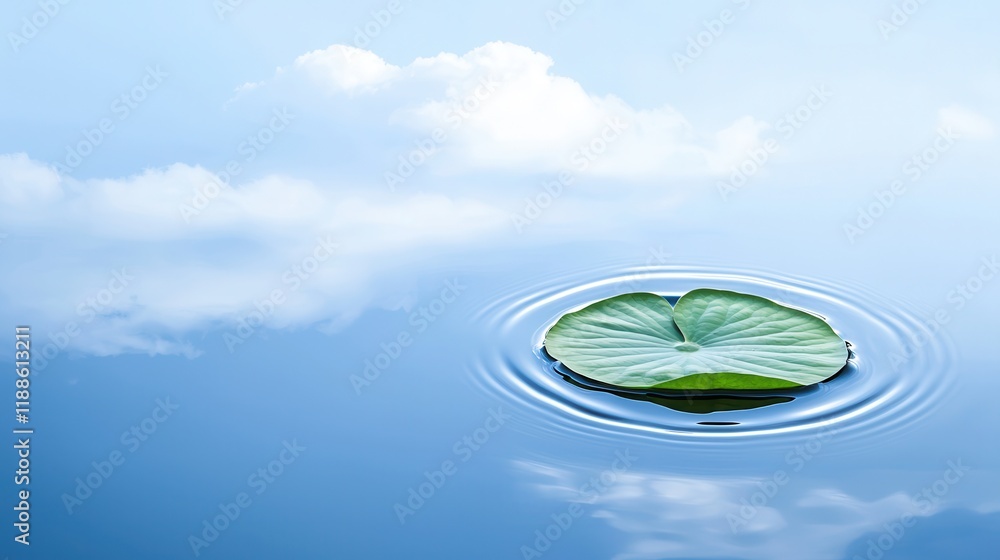 Aufkleber a serene water lily leaf floats on calm water, reflecting clouds above, creating a tranquil and peac