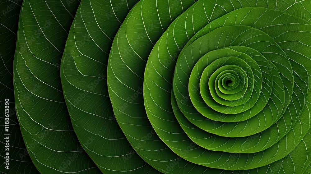 Poster a close-up view of a spiral arrangement of green leaves, showcasing their vibrant color and intricat